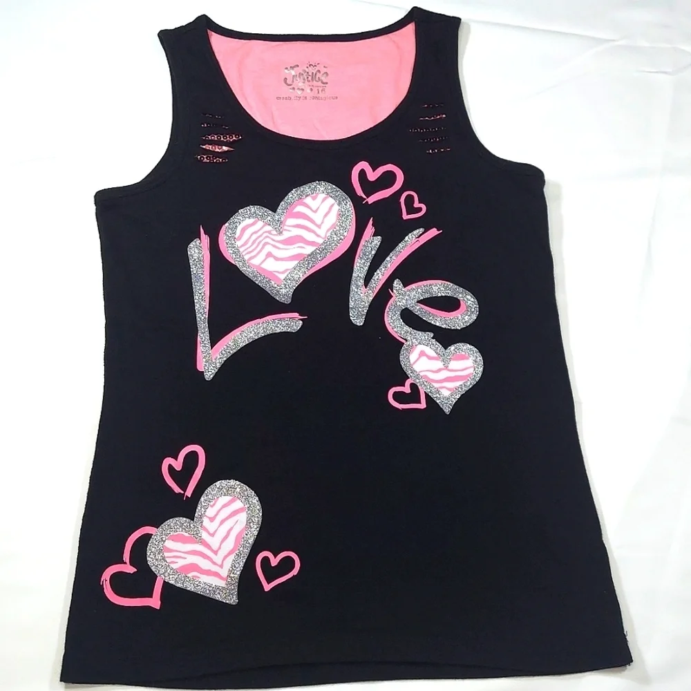 Girl's Justice Sequined Love Heart Tank Top Sz 16